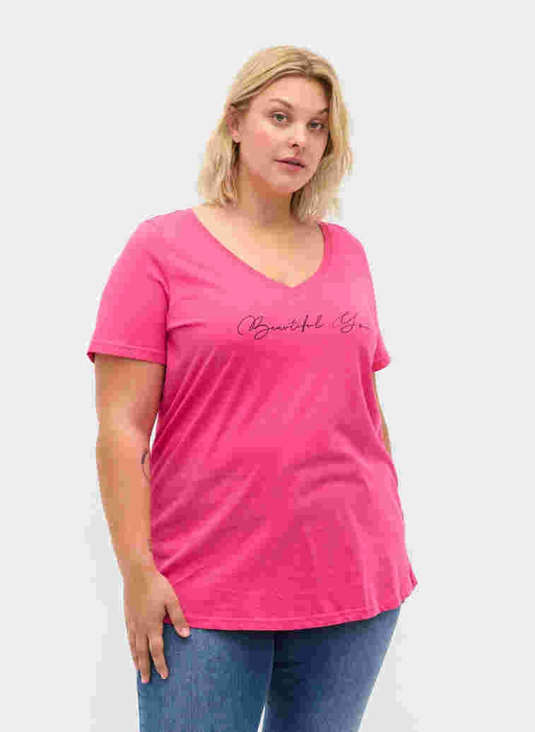 Kortermet T-skjorte i bomull med trykk, Magenta Beautiful, Model