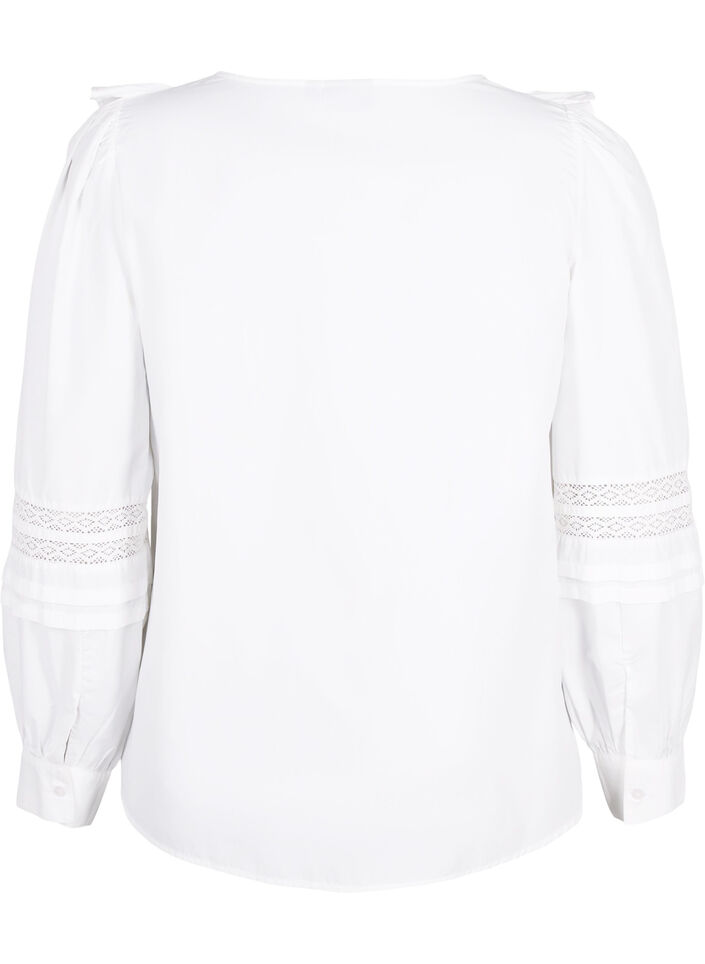 Bluse med ruffles og blondestrikk, Hvit, Packshot image number 1