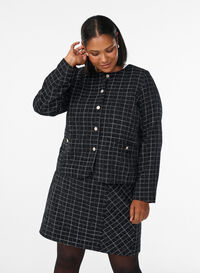 Kort rutete bouclé-blazer med rund hals, Svart Kort rutete bouclé-blazer med rund hals, Svart, Model