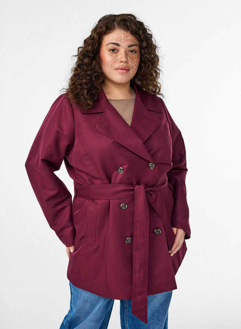 Kort trenchcoat med belte, Mørk Bordeaux, Model image number 0