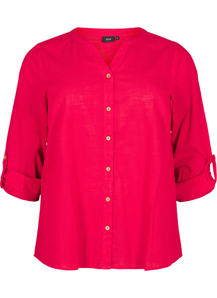 Bomullsbluse med V-hals, R&oslash;d, Packshot image number 0