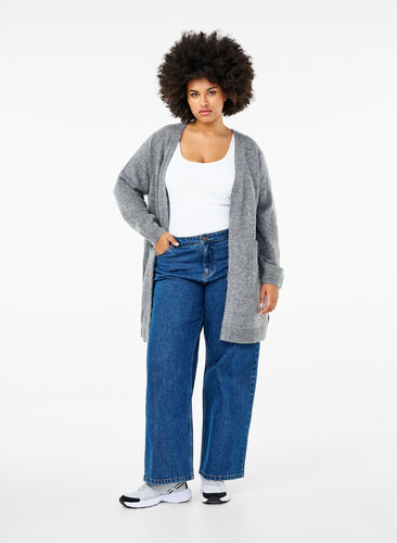 Zizzi Lang strikket cardigan med lommer, Grå, Model image number 1