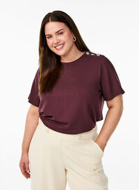Kortermet bluse med knappestolpe, Mørk Bordeaux Kortermet bluse med knappestolpe, Mørk Bordeaux, Model