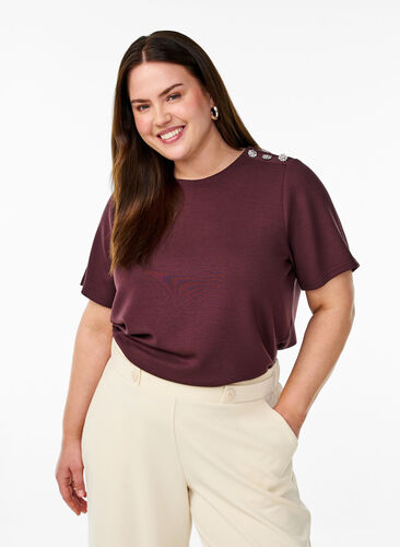 Zizzi Kortermet bluse med knappestolpe, Mørk Bordeaux, Model image number 0