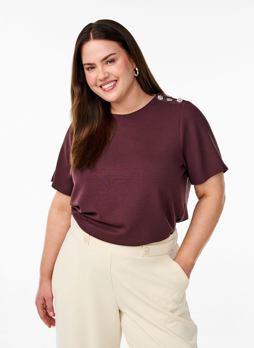 Kortermet bluse med knappestolpe, Mørk Bordeaux, Model image number 0