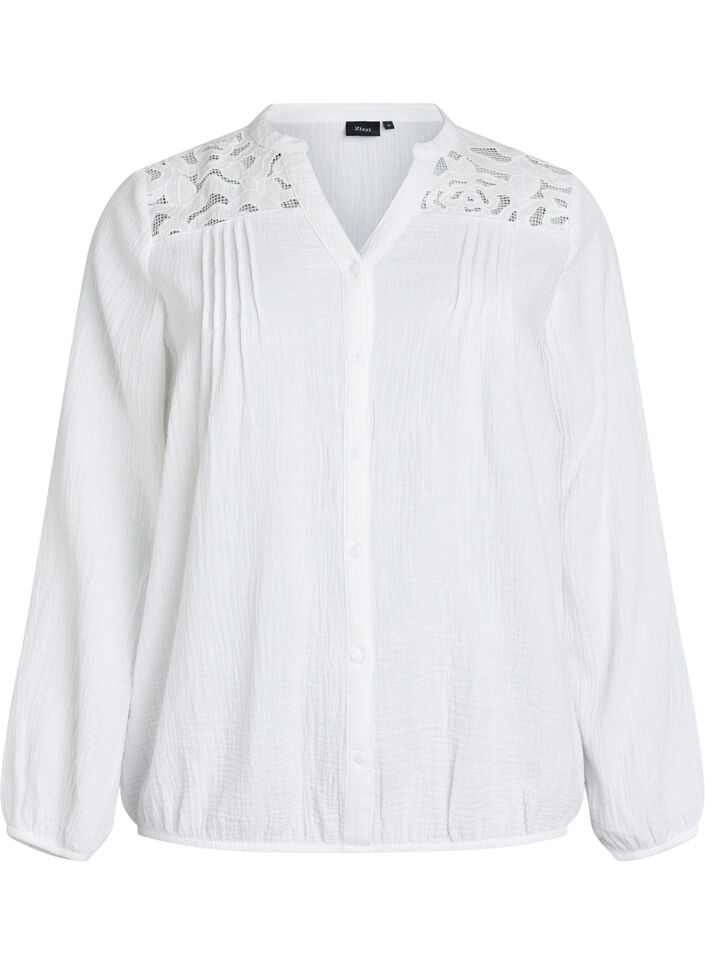Bluse i bomullsmusselin med broderte detaljer, Hvit, Packshot image number 0