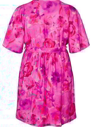 Zizzi Knelang kjole med blomstertrykk og omslags-look, Pink Rose AOP, Packshot image number 1