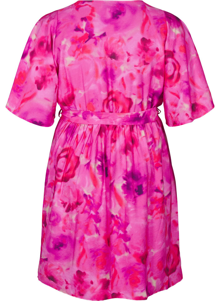 Knelang kjole med blomstertrykk og omslags-look, Pink Rose AOP, Packshot image number 1