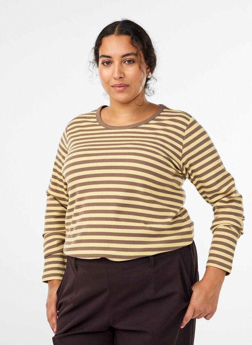 Stripete bluse med lange ermer, Brun, Model image number 0