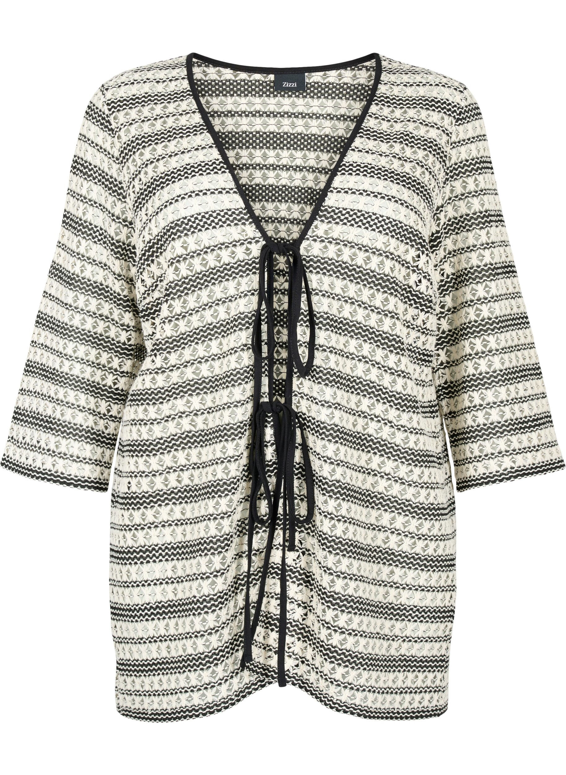Zizzi Heklet cardigan med knytebelte, Black White, Packshot image number 0