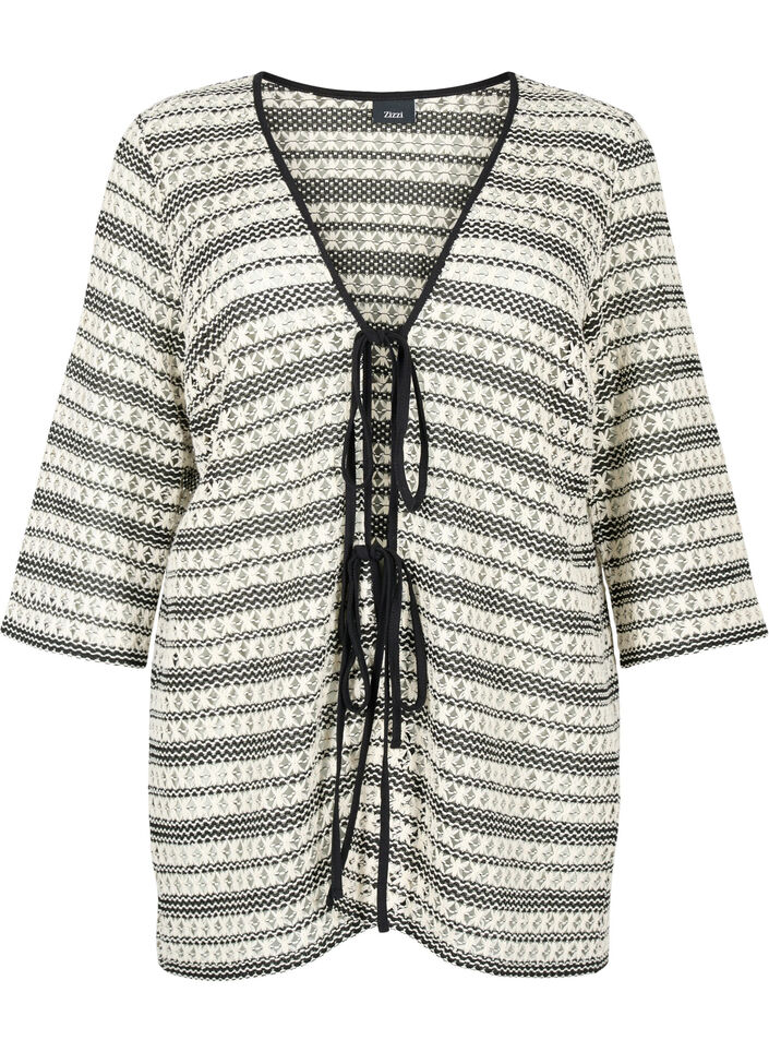 Heklet cardigan med knytebelte, Black White, Packshot image number 0