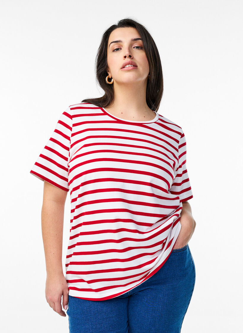 T-skjorte i økologisk bomull med striper, Urban Red B.W.Stripe, Model