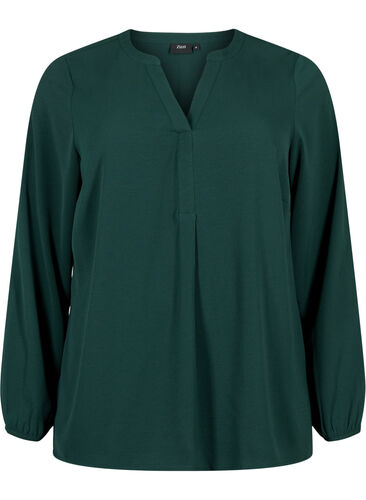Ensfarget bluse med V-hals, Scarab, Packshot image number 0