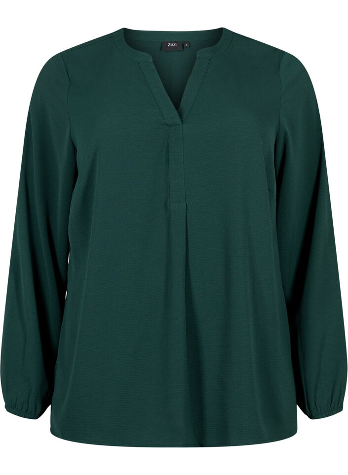 Ensfarget bluse med V-hals, Scarab, Packshot image number 0