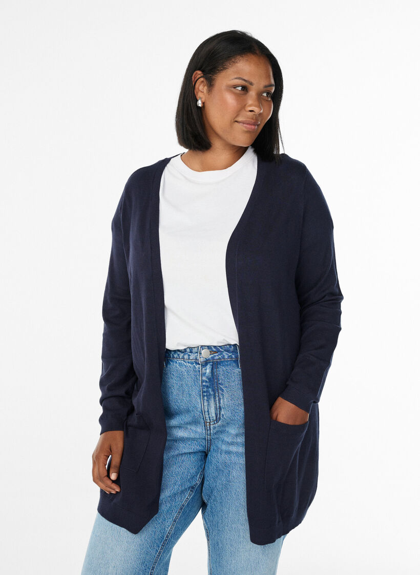 Lang strikkecardigan i viskoseblanding, Blå, Model image number 0