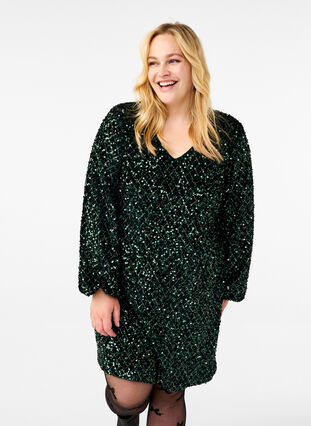 Zizzi Paillettkjole med V-hals og rutemønster, Rain Forest Sequins, Model image number 3