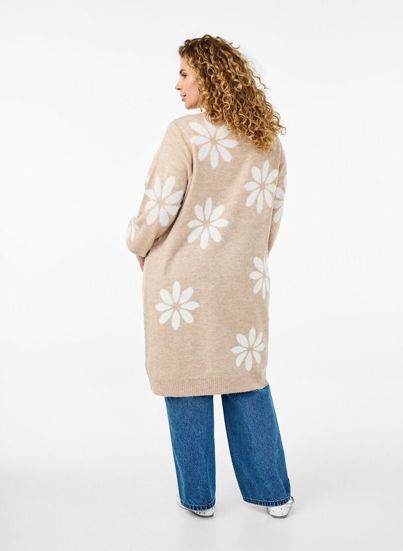 Lang strikket cardigan med blomster, Simply Taupe Comb, Model image number 1