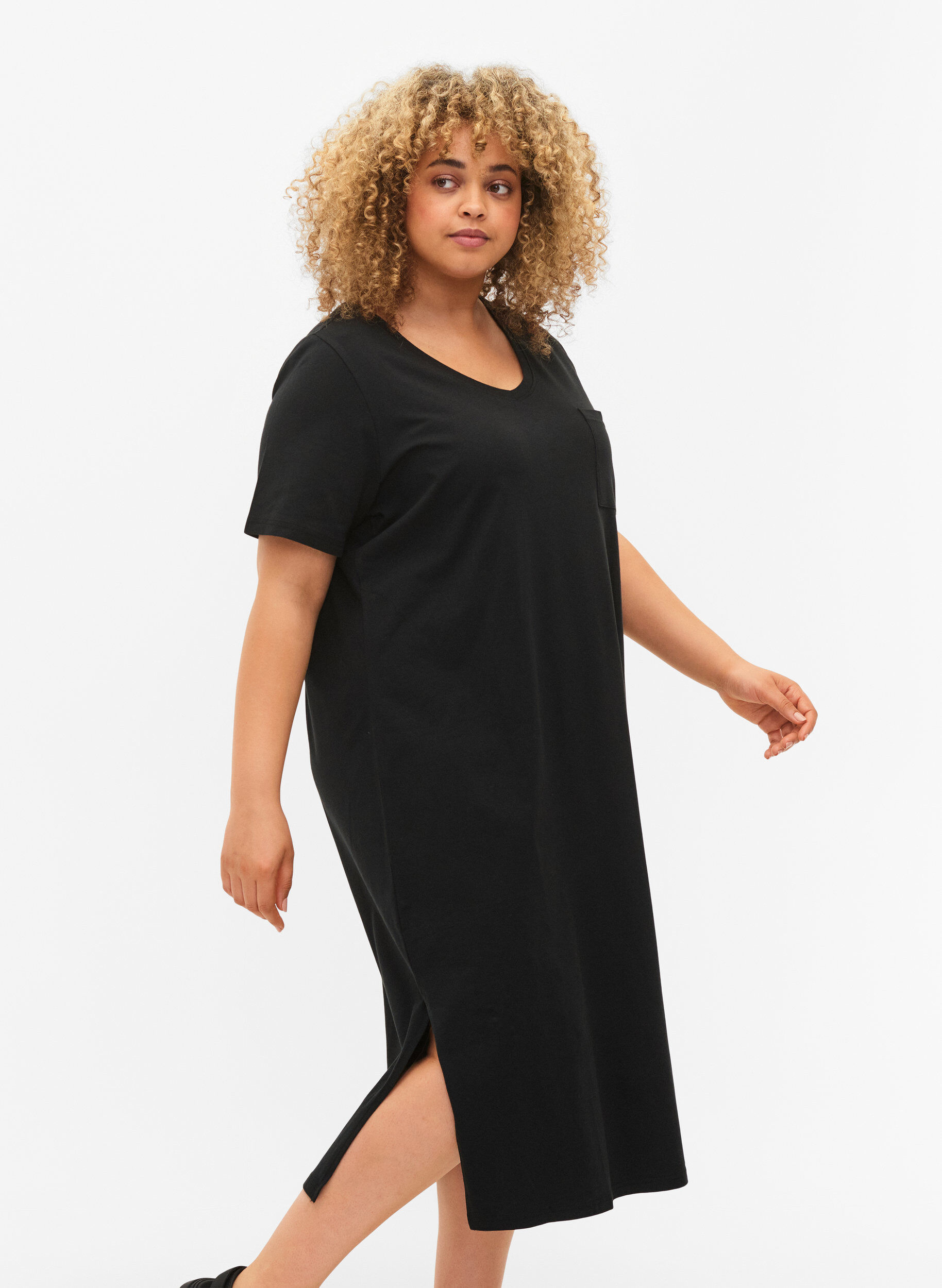 ZizziKortermet kjole i bomull med splitt, Black, Model image number 2