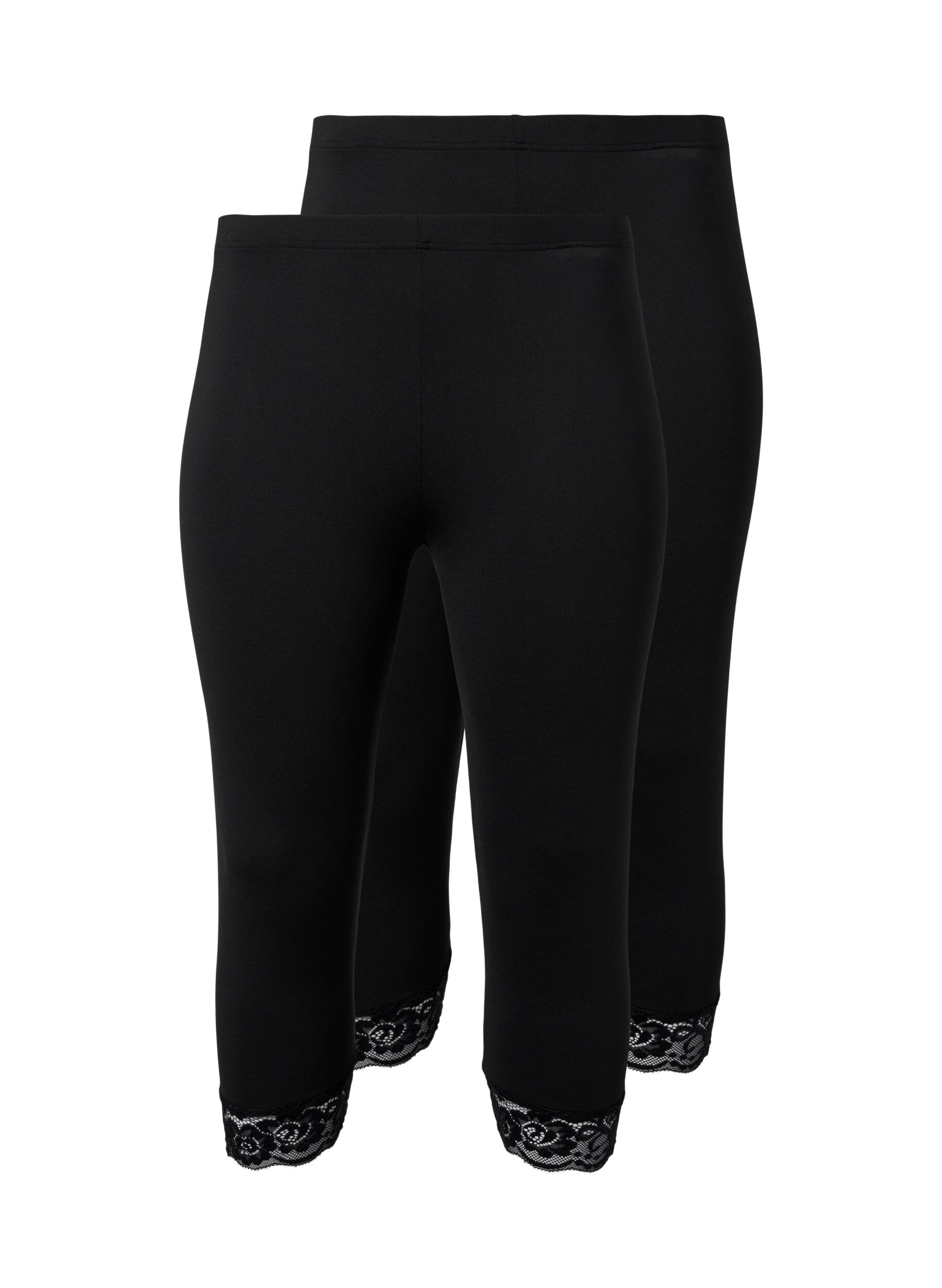 Zizzi Leggings med 3/4-lengde og blondekant, 2 stk., Black / Black, Packshot image number 0