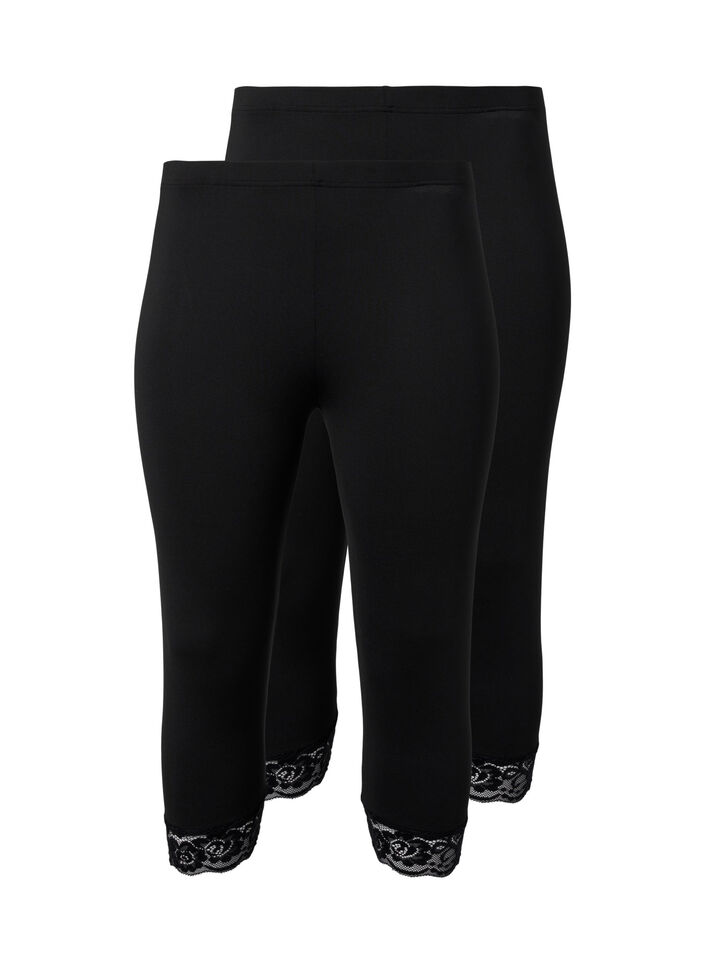 Leggings med 3/4-lengde og blondekant, 2 stk., Black / Black, Packshot image number 0
