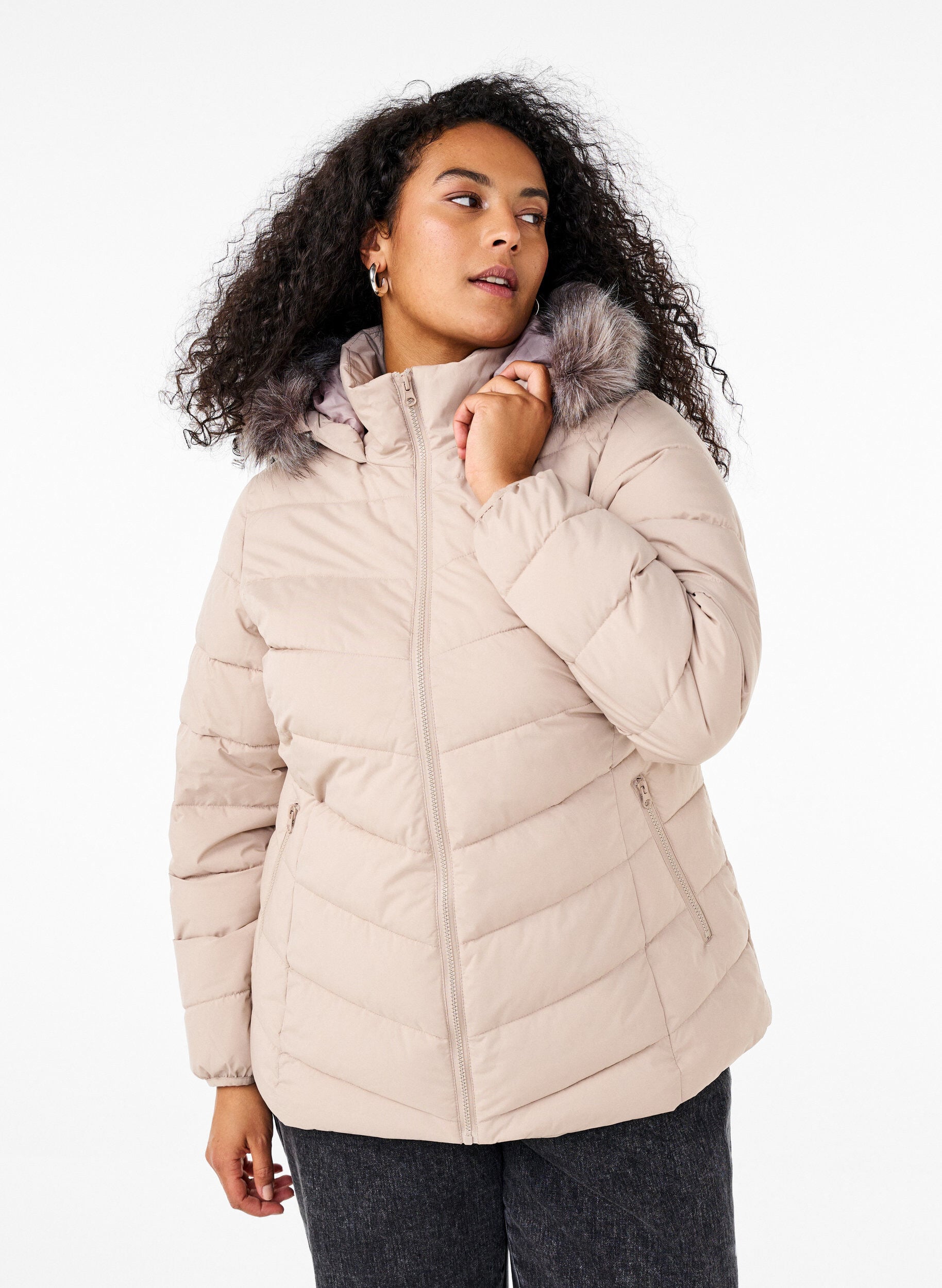 Kort boblejakke med hette, Beige, Model