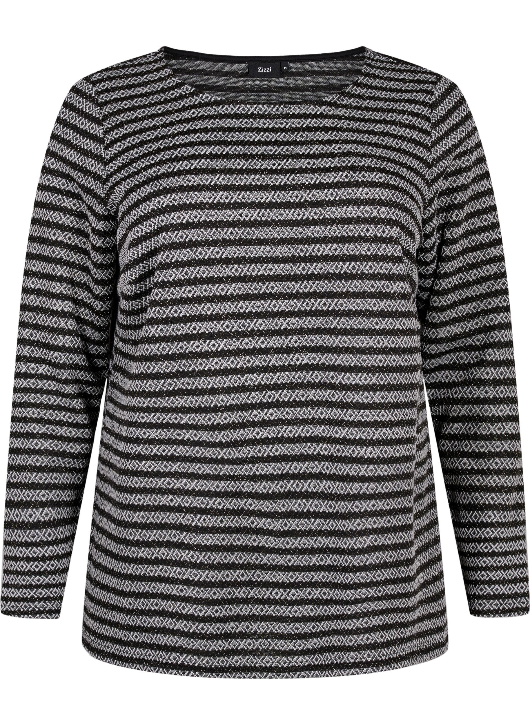 Zizzi Bluse med rund hals og stripete m&oslash;nster, Black Stripe, Packshot image number 0