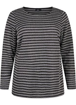 Bluse med rund hals og stripete mønster, Black Stripe, Packshot image number 0