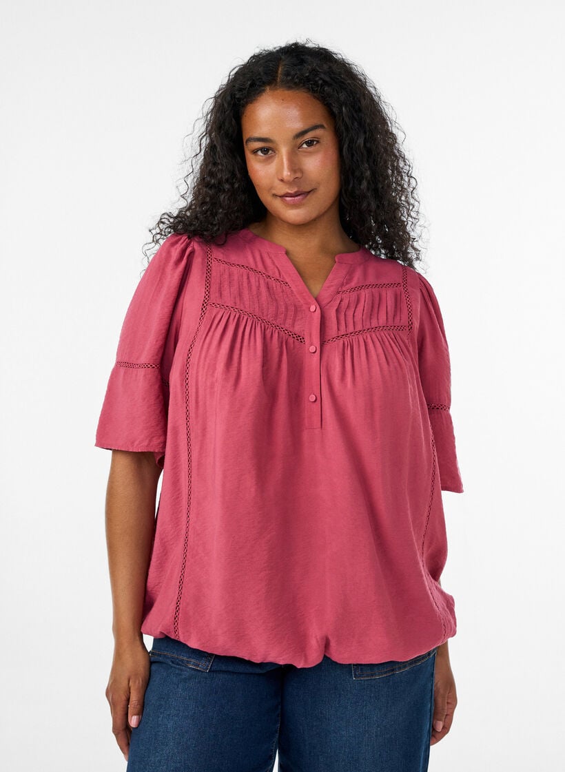 Viskosebluse med legg og ballongeffekt, Rosa, Model image number 0