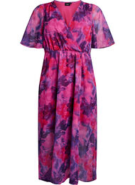 Lang chiffonkjole med blomstertrykk og korte ermer, Purple Flower AOP