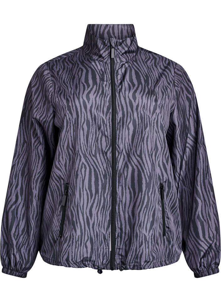 Løpejakke med høy hals og justerbar fold, Grey Zebra AOP, Packshot