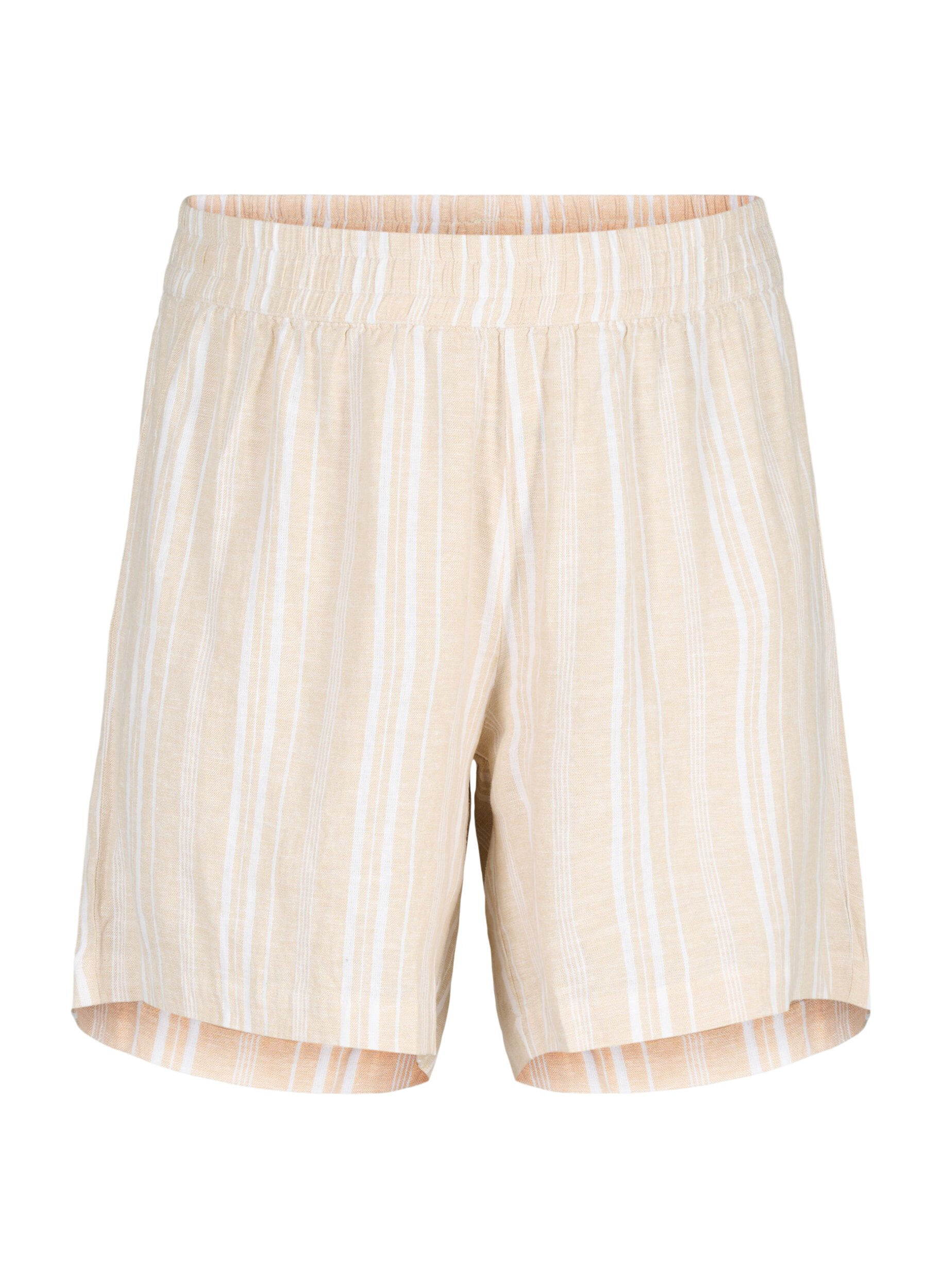 Zizzi Stripete shorts i en blanding av lin og viskose, Beige, Packshot image number 0