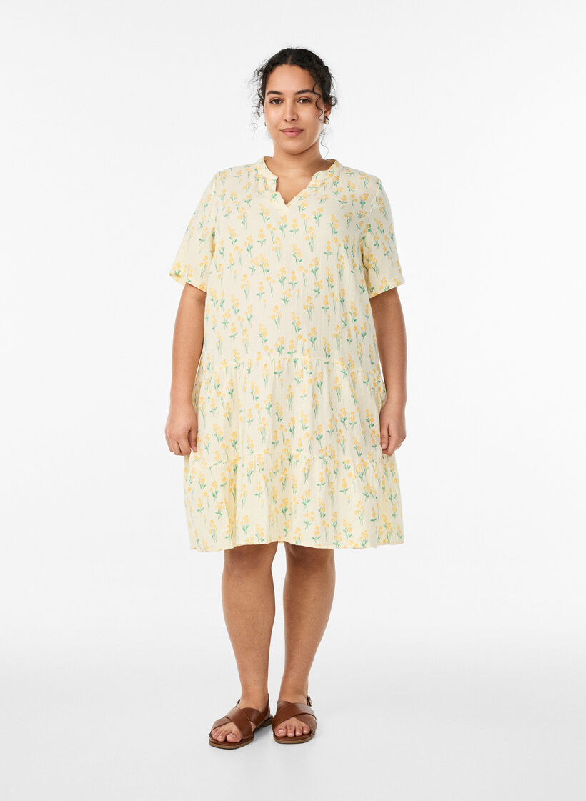 Kort A-linjekjole i bomullsmuslin, Gul, Model image number 1