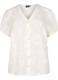 Kortermet bluse med 3D blomstreffekt, Beige Kortermet bluse med 3D blomstreffekt