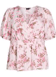 Bluse med blomsterprint, korte ermer og smocket midje, Rosa Flower AOP