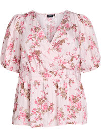 Bluse med blomsterprint, korte ermer og smocket midje, Rosa Bluse med blomsterprint, korte ermer og smocket midje