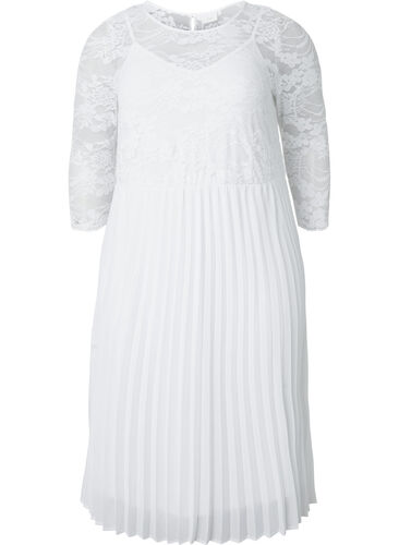 Kjole i plissé med blonder og 3/4-ermer, Bright White, Packshot image number 0