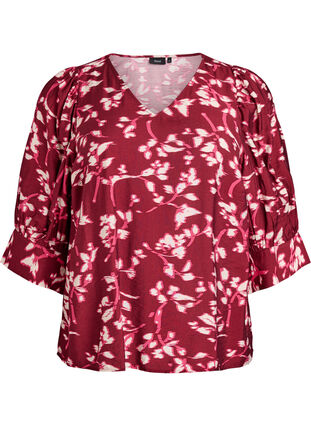 Zizzi Bluse med V-hals og 3/4-ermer, Rød, Packshot image number 0