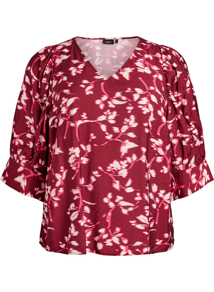 Bluse med V-hals og 3/4-ermer, Rød, Packshot image number 0