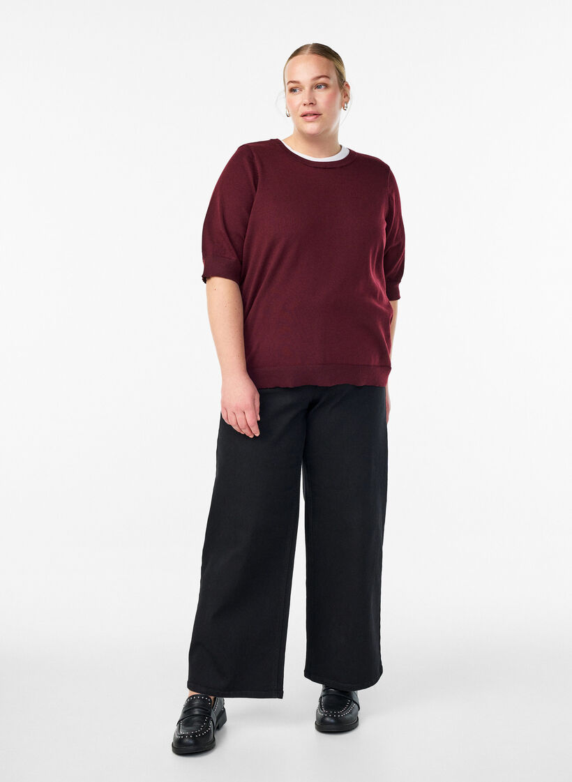 Finstrikket bluse med korte ermer, R&oslash;d, Model image number 1