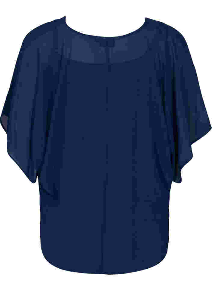 Mønstrete bluse med knyting og korte ermer, Navy Blazer, Packshot image number 1
