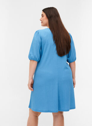 Kjole med puffermer og V-hals, Azure Blue, Model image number 1