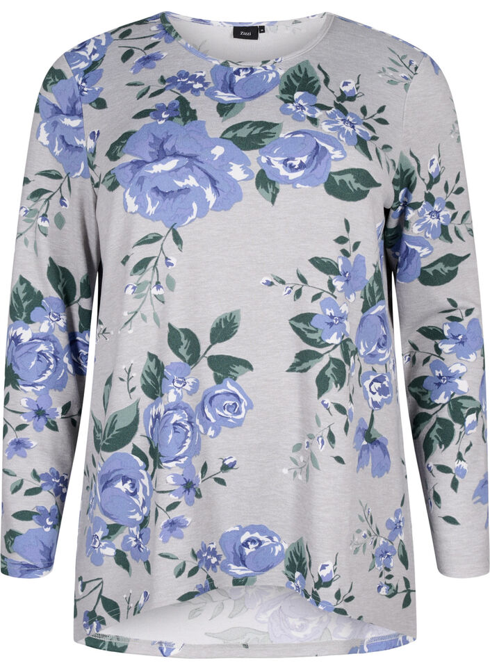 Blomstret bluse med lange ermer, Bl&aring;, Packshot image number 0