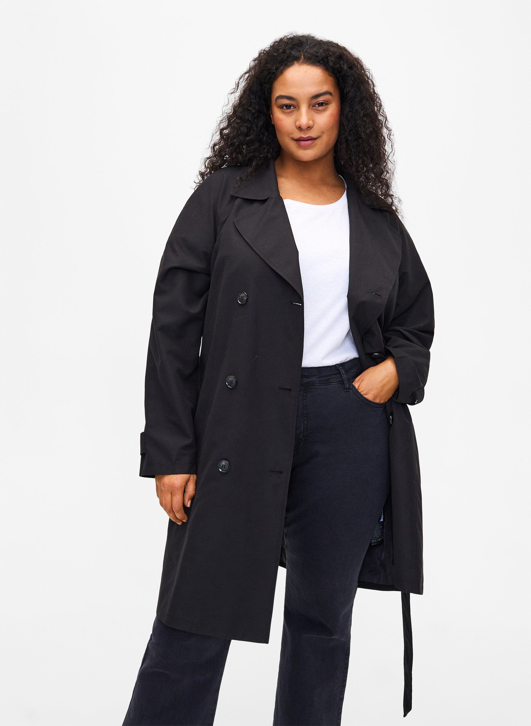 Zizzi Trenchcoat med belte og slisse, Black, Model image number 0