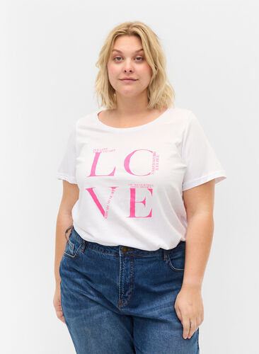 Kortermet T-skjorte i bomull med trykk, Bright White LOVE, Model image number 0