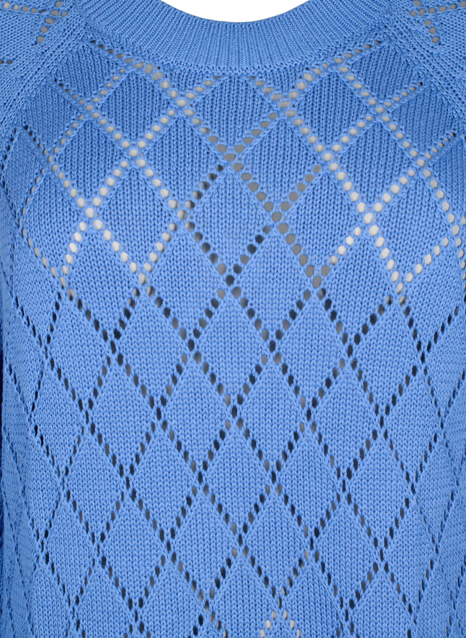 ZizziLangermet strikket bluse med hullm&oslash;nster, Blue Bonnet, Packshot image number 2