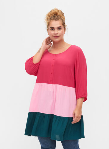 Viskosetunika med colorblock, Rose Green Block, Model image number 0