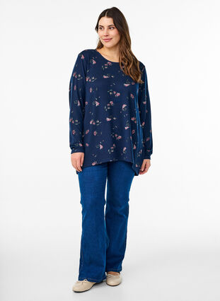 Zizzi Mønstret bluse med lange ermer, Blå, Model image number 1
