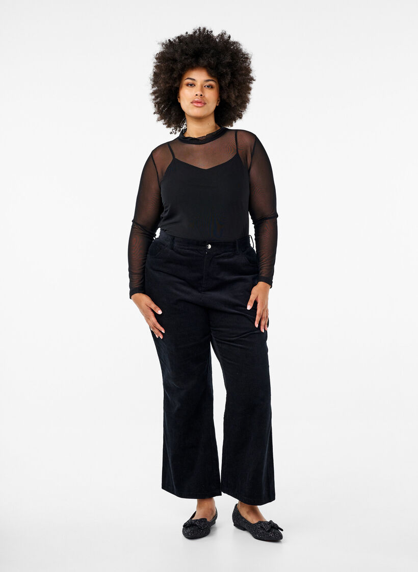 Tett sittende meshbluse med lange ermer, Svart, Model