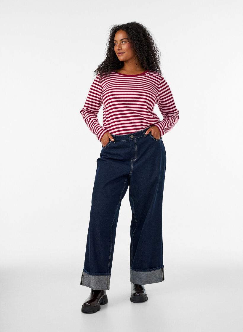 Stripete bluse med lange ermer, Rosa, Model image number 1