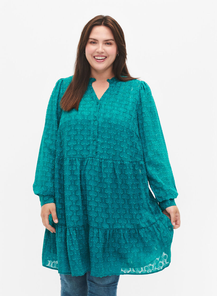 Jacquard kjole med volangkrage, Deep Lake, Model image number 0